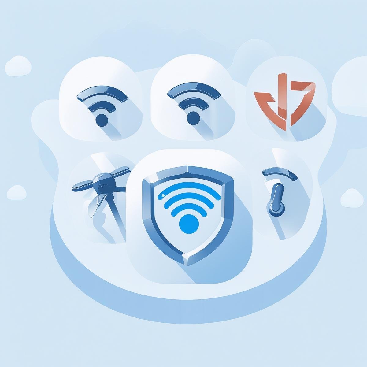 Suggested image There are prohibited shielded symbols on the WiFi and Bluetooth icons emphasizing the prevention of eavesdropping. I need a simple technological illustration similar to this style Heston Anti-drone and Signal interference