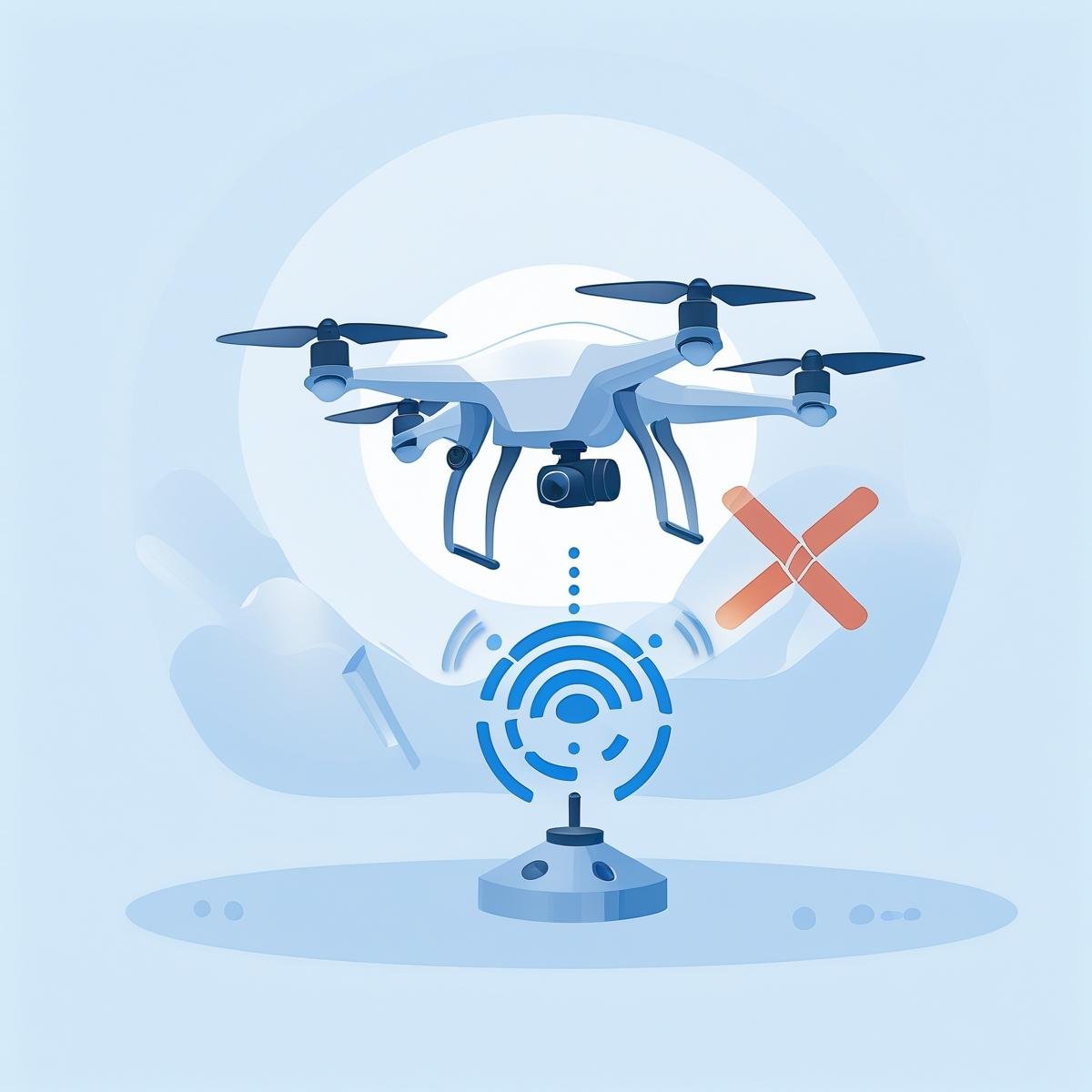 Suggested image The scene where the drone is jammed crashed highlights the interception effect. I need a simple technological illustration similar to this style Heston Anti-drone and Signal interference